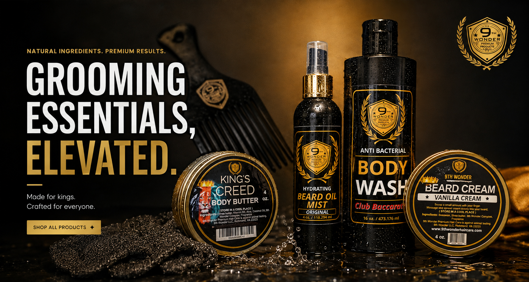 A promotional product display for beard grooming essentials, including a body butter tin, beard oil mist bottle, body wash bottle, and beard cream tin, all branded Kings Creed, arranged on a dark reflective surface with a brush and grooming products in the background. Large text on the left reads 'Grooming Essentials, Elevated.